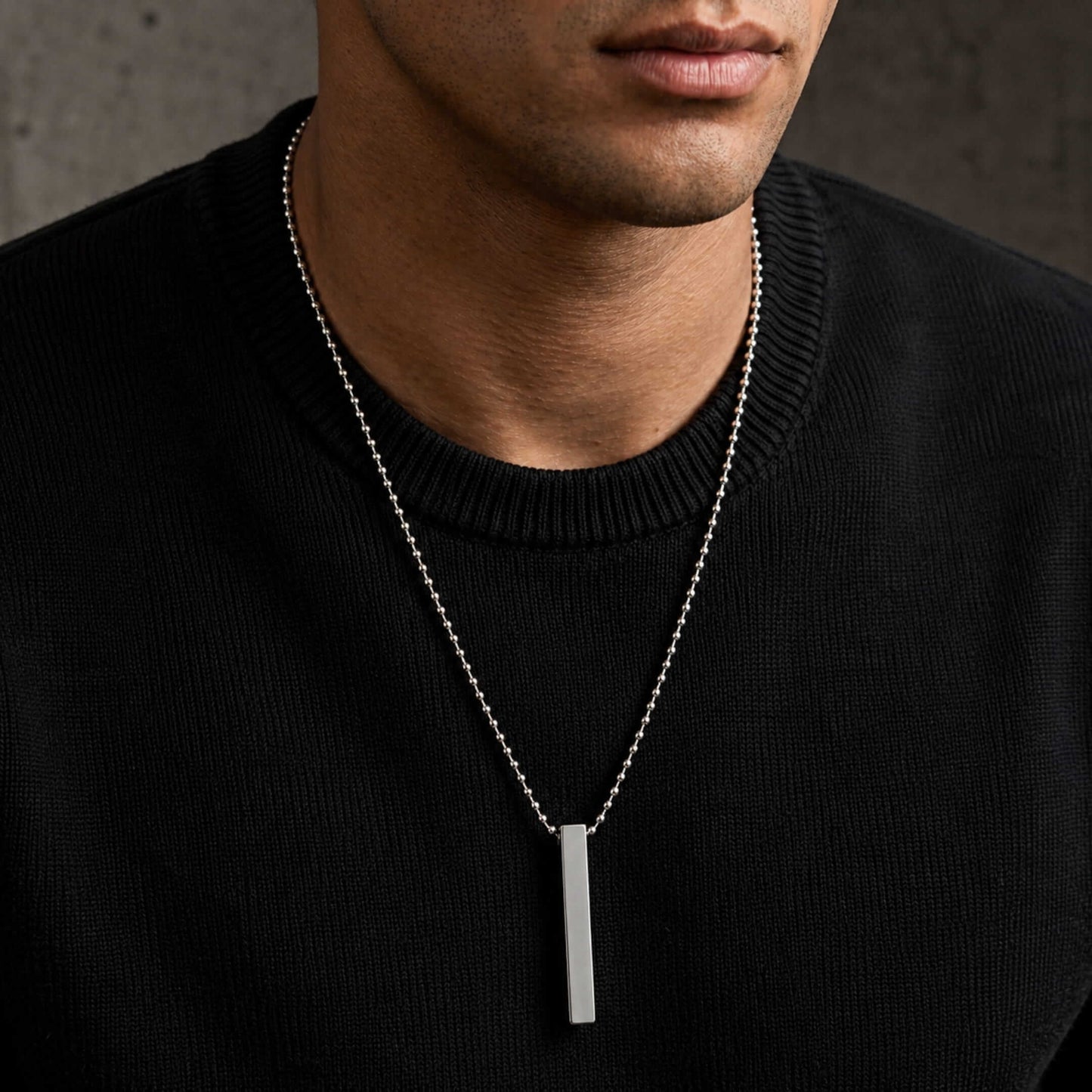 THE MEN THING SS Pendant/ Necklace ENGRAVED - THE SLEEK (T) - Pure Titanium Steel 3D Silver Cuboid Vertical Bar Pendant with 24inch Ball Chain for Men & Boys