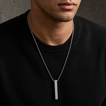 THE MEN THING SS Pendant/ Necklace ENGRAVED - THE SLEEK (T) - Pure Titanium Steel 3D Silver Cuboid Vertical Bar Pendant with 24inch Ball Chain for Men & Boys