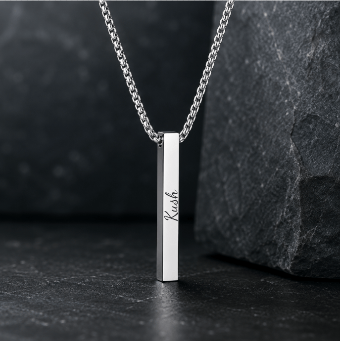 THE MEN THING SS Pendant/ Necklace ENGRAVED - THE ULTRA SLEEK (T) - Pure Titanium Steel Ultra Polished 3D Silver Cuboid Vertical Bar Pendant with 24inch Round Box Chain for Men & Boys