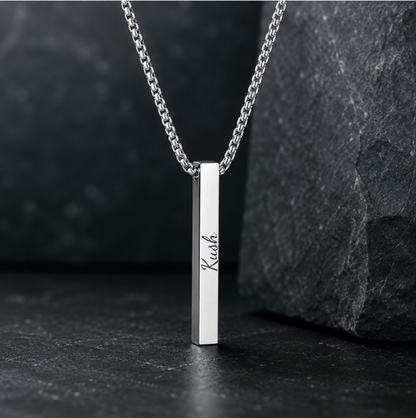THE MEN THING SS Pendant/ Necklace ENGRAVED - THE ULTRA SLEEK (T) - Pure Titanium Steel Ultra Polished 3D Silver Cuboid Vertical Bar Pendant with 24inch Round Box Chain for Men & Boys
