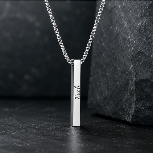THE MEN THING SS Pendant/ Necklace ENGRAVED - THE ULTRA SLEEK (T) - Pure Titanium Steel Ultra Polished 3D Silver Cuboid Vertical Bar Pendant with 24inch Round Box Chain for Men & Boys
