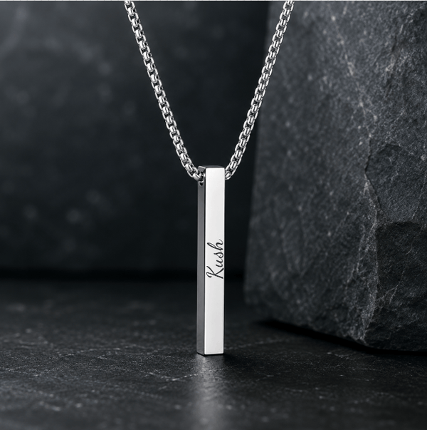 ENGRAVED - THE ULTRA SLEEK (T) - Pure Titanium Steel Ultra Polished 3D Silver Cuboid Vertical Bar Pendant with 24inch Round Box Chain for Men & Boys