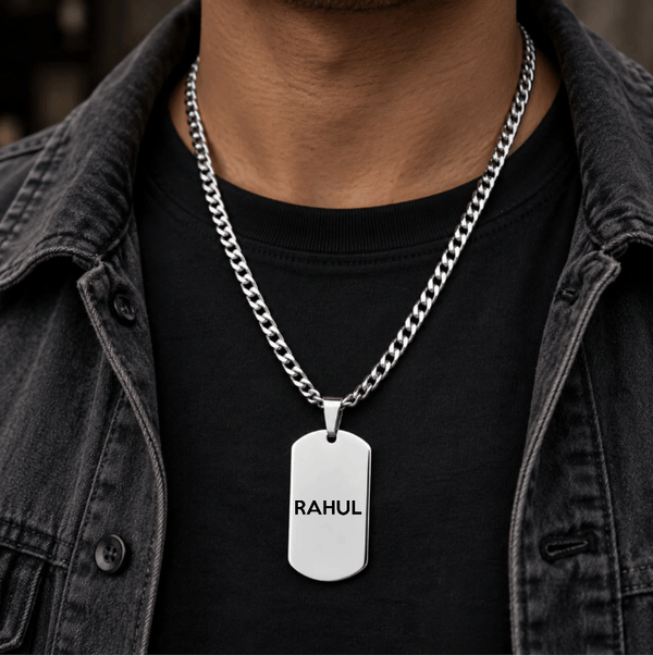 ENGRAVED - TITAN TAG - Pure Steel 30mm Pendant with 24inch Curb Link 4mm Chain for Men & Boys