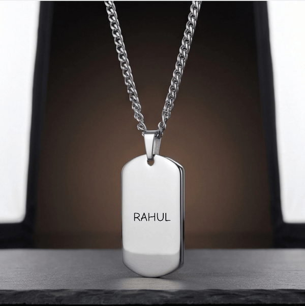 ENGRAVED - TITAN TAG - Pure Steel 30mm Pendant with 24inch Curb Link 4mm Chain for Men & Boys