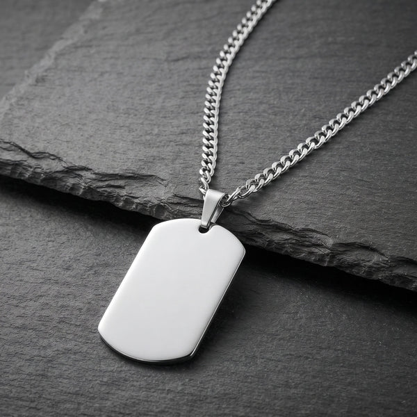 ENGRAVED - TITAN TAG - Pure Steel 30mm Pendant with 24inch Curb Link 4mm Chain for Men & Boys