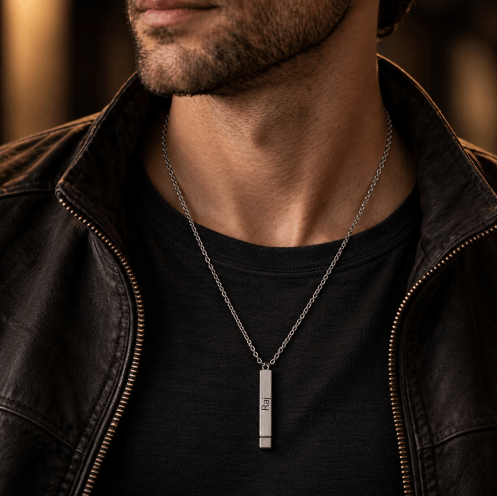 THE MEN THING SS Pendant/ Necklace ENGRAVED - VERTEX BAR - 6mm Pure Titanium Steel Pendant with 1mm Chain for Men & Boys (18 to 20 inch Adjustable Cable Chain)