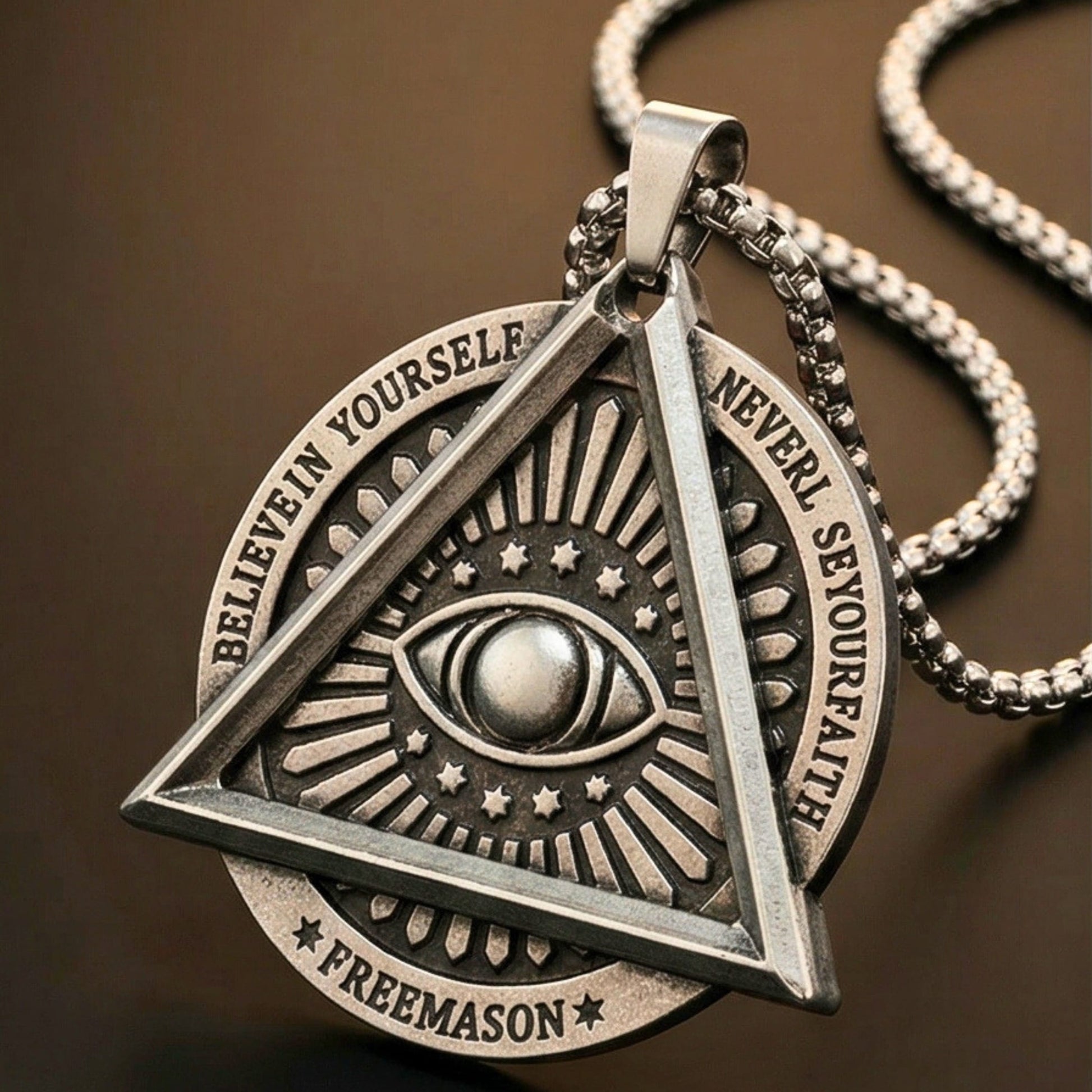 THE MEN THING SS Pendant/ Necklace EYE FREEMASON - 39mm Titanium Steel Pendant with 27inch Round Box 4mm Chain for Men & Boys