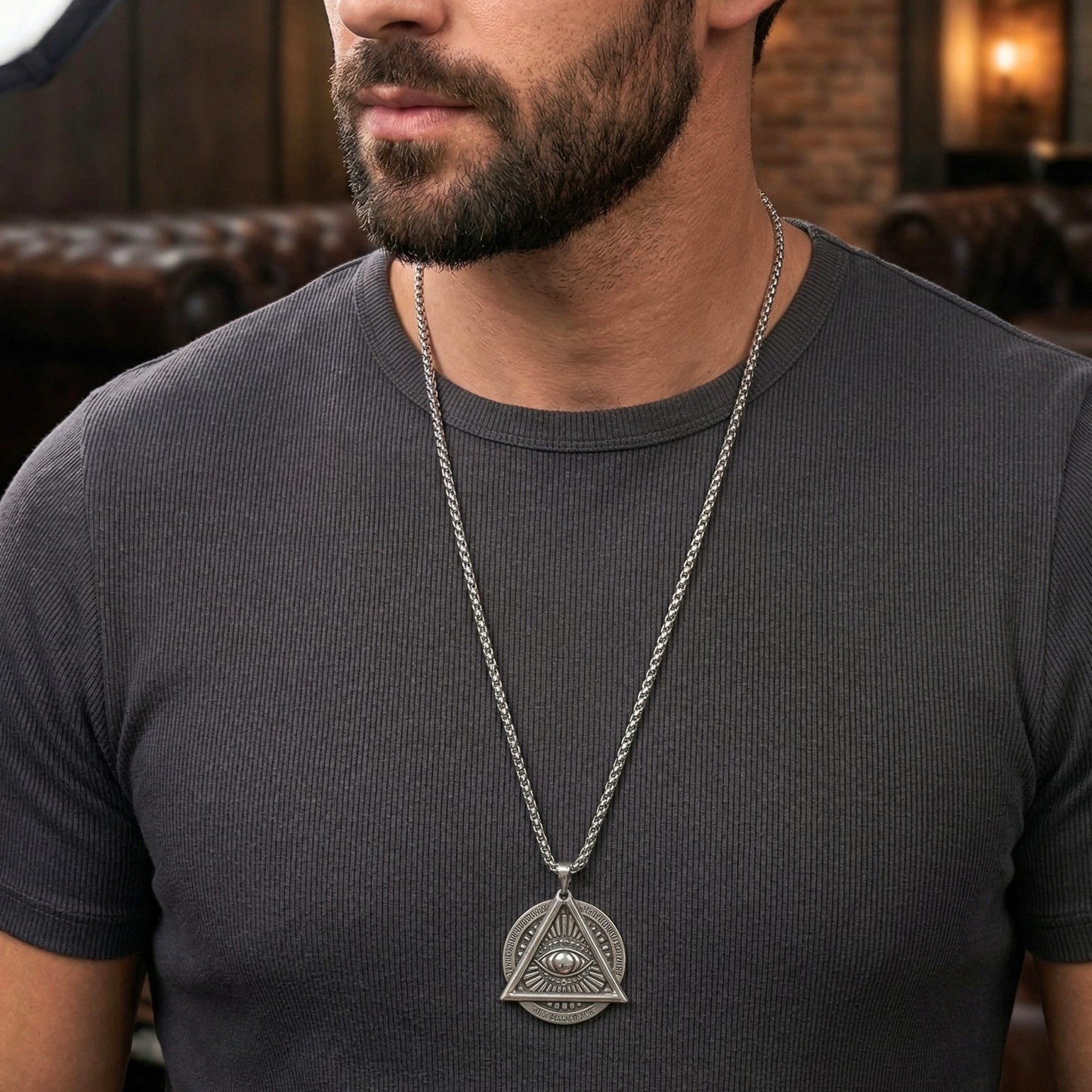 THE MEN THING SS Pendant/ Necklace EYE FREEMASON - 39mm Titanium Steel Pendant with 27inch Round Box 4mm Chain for Men & Boys