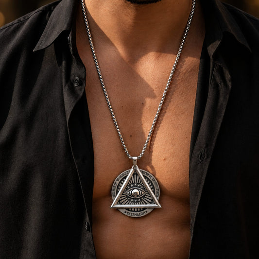 THE MEN THING SS Pendant/ Necklace EYE FREEMASON - 39mm Titanium Steel Pendant with 27inch Round Box 4mm Chain for Men & Boys