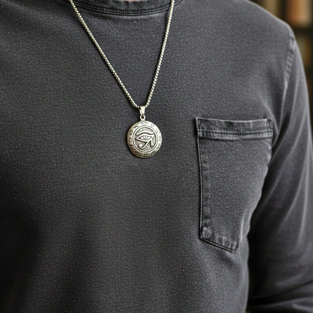 THE MEN THING SS Pendant/ Necklace EYE OF HORUS - 34mm Titanium Steel Pendant with 24inch Round Box 5mm Chain for Men & Boys