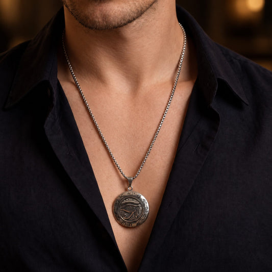 THE MEN THING SS Pendant/ Necklace EYE OF HORUS - 34mm Titanium Steel Pendant with 24inch Round Box 5mm Chain for Men & Boys