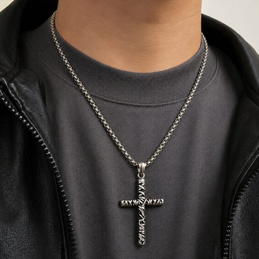 THE MEN THING SS Pendant/ Necklace FAITH CROSS - Pure Titanium Steel Cross Pendant with 24inch Round Box Chain for Men & Boys