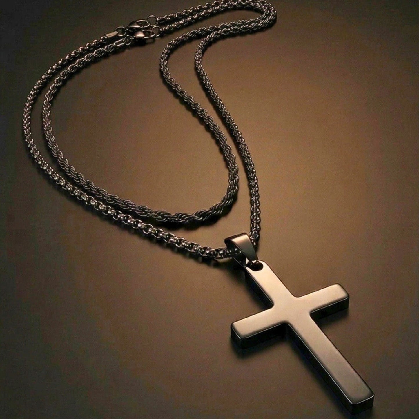 THE MEN THING SS Pendant/ Necklace FAITH LAYER BLACK - 27mm Titanium Steel Pendant with 23inch Round Box and Twisted 4mm Chain for Men & Boys