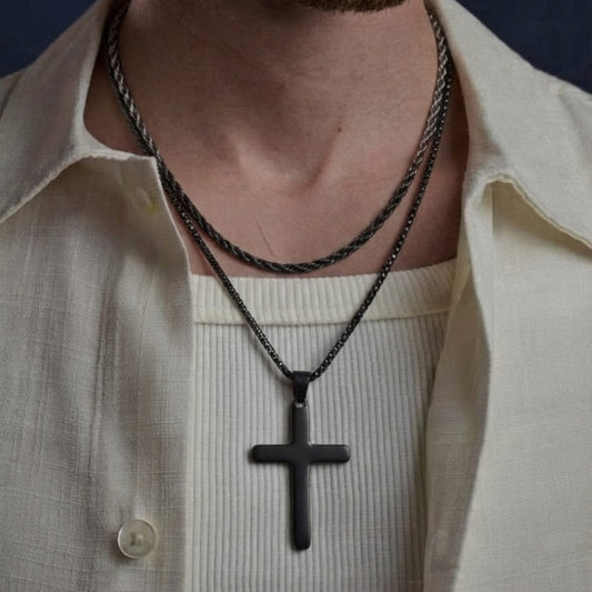 THE MEN THING SS Pendant/ Necklace FAITH LAYER BLACK - 27mm Titanium Steel Pendant with 23inch Round Box and Twisted 4mm Chain for Men & Boys