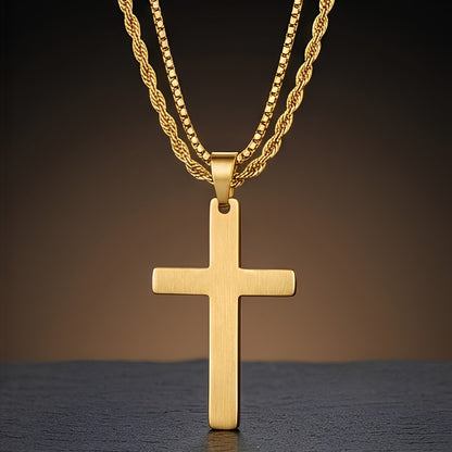THE MEN THING SS Pendant/ Necklace FAITH LAYER GOLDEN - 27mm Titanium Steel Pendant with 23inch Round Box and Twisted 4mm Chain for Men & Boys