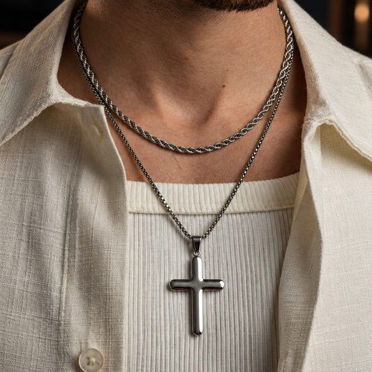THE MEN THING SS Pendant/ Necklace FAITH LAYER STEEL - 27mm Titanium Steel Pendant with 23inch Round Box and Twisted 4mm Chain for Men & Boys