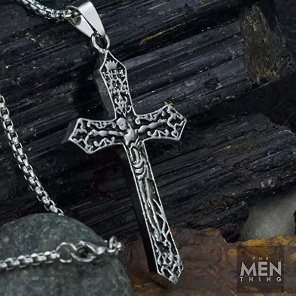 FAITHCROSS - Alloy  Jesus Cross Pendant with Pure Stainless Steel  24inch Round Box Chain, European trending Style for Men & Boys