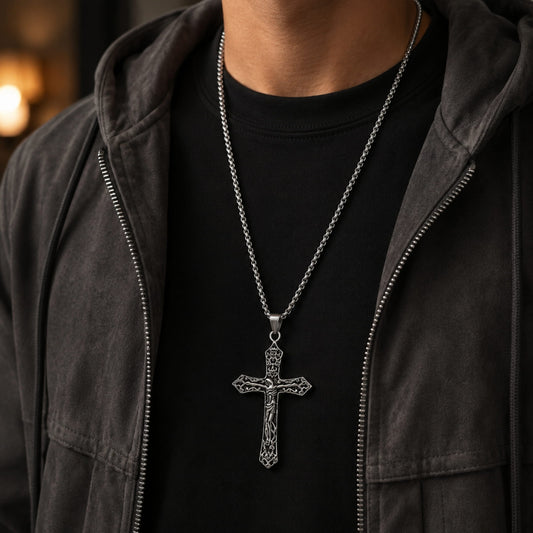 THE MEN THING SS Pendant/ Necklace FAITHCROSS - Alloy  Jesus Cross Pendant with Pure Stainless Steel  24inch Round Box Chain, European trending Style for Men & Boys