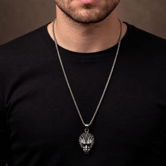 THE MEN THING SS Pendant/ Necklace FENRIR HOWL - 27mm Titanium Steel Pendant with 24inch Round Box 5mm Chain for Men & Boys