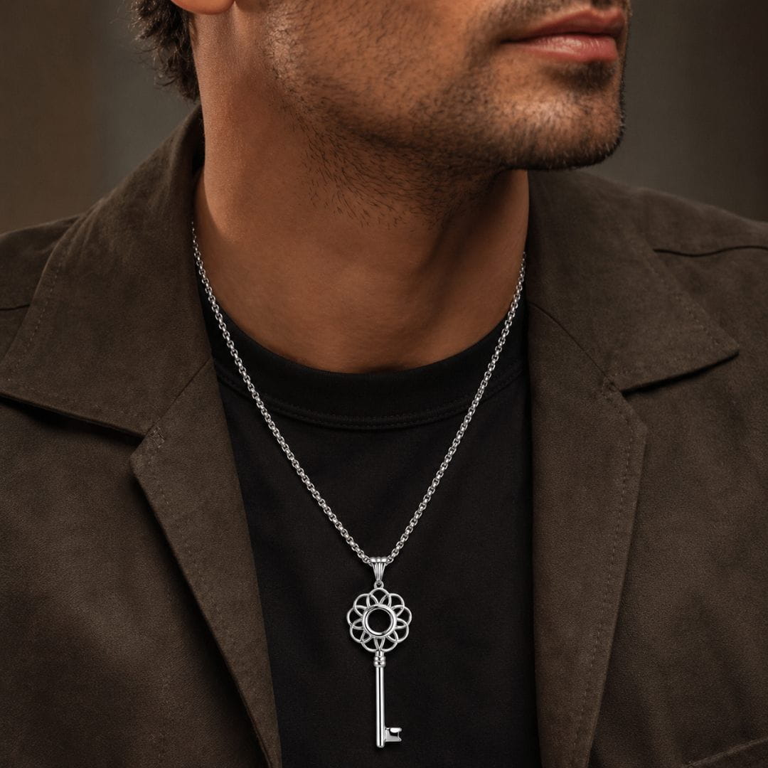 THE MEN THING SS Pendant/ Necklace FLORAL KEY - 72mm Stainless Steel Pendant with 24inch Round Box 2mm Chain for Men & Boys