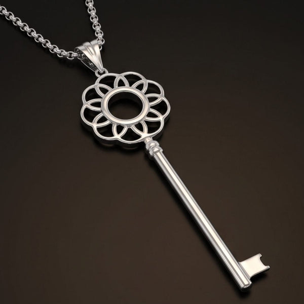 FLORAL KEY - 72mm Stainless Steel Pendant with 24inch Round Box 2mm Chain for Men & Boys