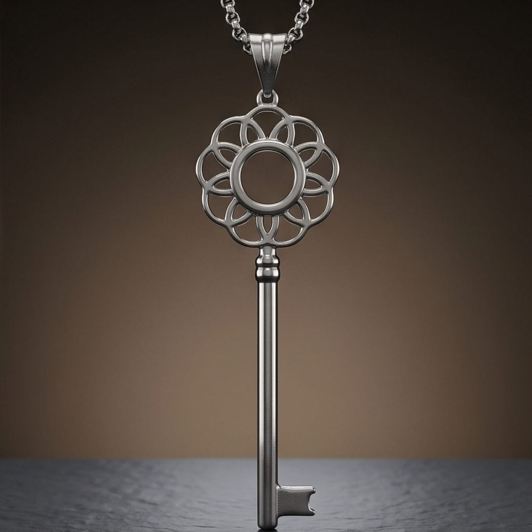 THE MEN THING SS Pendant/ Necklace FLORAL KEY - 72mm Stainless Steel Pendant with 24inch Round Box 2mm Chain for Men & Boys