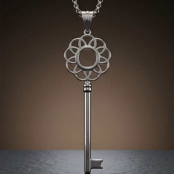 FLORAL KEY - 72mm Stainless Steel Pendant with 24inch Round Box 2mm Chain for Men & Boys