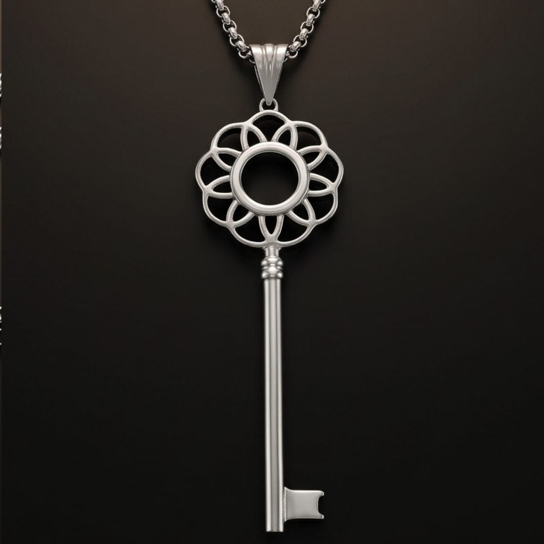 THE MEN THING SS Pendant/ Necklace FLORAL KEY - 72mm Stainless Steel Pendant with 24inch Round Box 2mm Chain for Men & Boys
