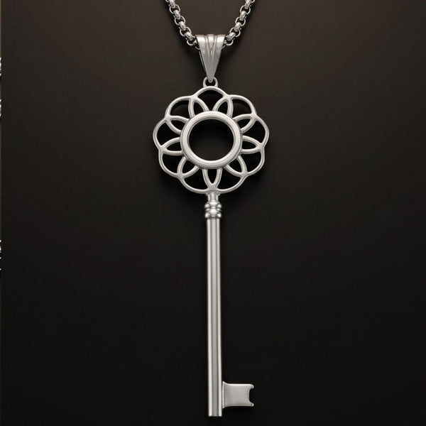 FLORAL KEY - 72mm Stainless Steel Pendant with 24inch Round Box 2mm Chain for Men & Boys