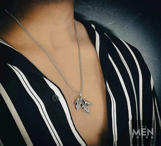 THE MEN THING SS Pendant/ Necklace FOLDED FOLIAGE - Titanium Steel Leaf Pendant with 24inch Round Box Chain for Men & Boys
