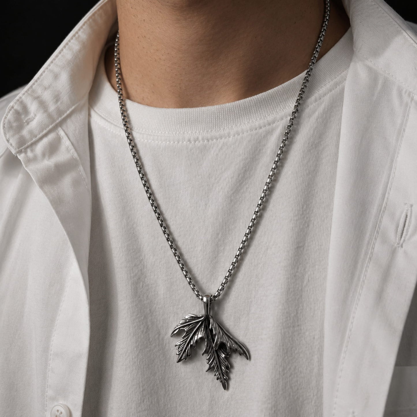 THE MEN THING SS Pendant/ Necklace FOLDED-LEAF -Alloy Leaf Pendant with Pure Stainless Steel 24inch Round Box Chain, European trending Style for Men & Boy