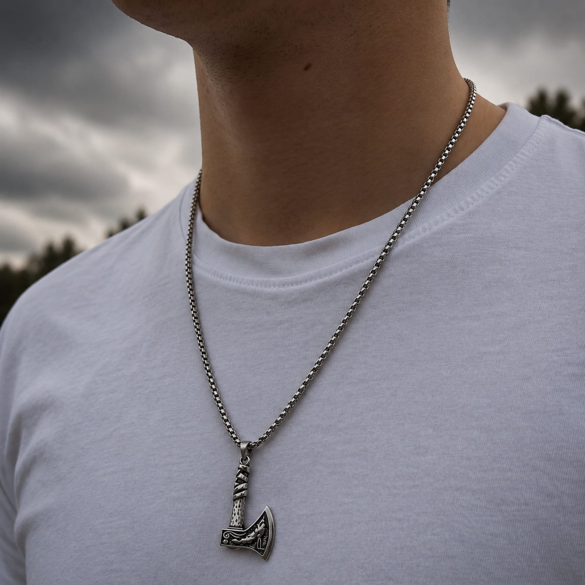 THE MEN THING SS Pendant/ Necklace FOXY AXE -  Alloy Pendant with Stainless Steel 24inch Round Box Chain, American trending Style for Men & Boy