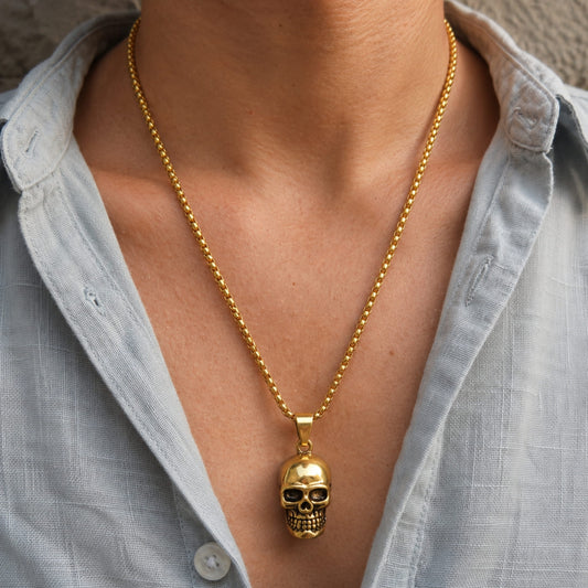 THE MEN THING SS Pendant/ Necklace GILDSKULL (Gold Tone) - Alloy  Pendant with  Pure Stainless Steel 24inch Round Box Chain, European trending Style for Men & Boy