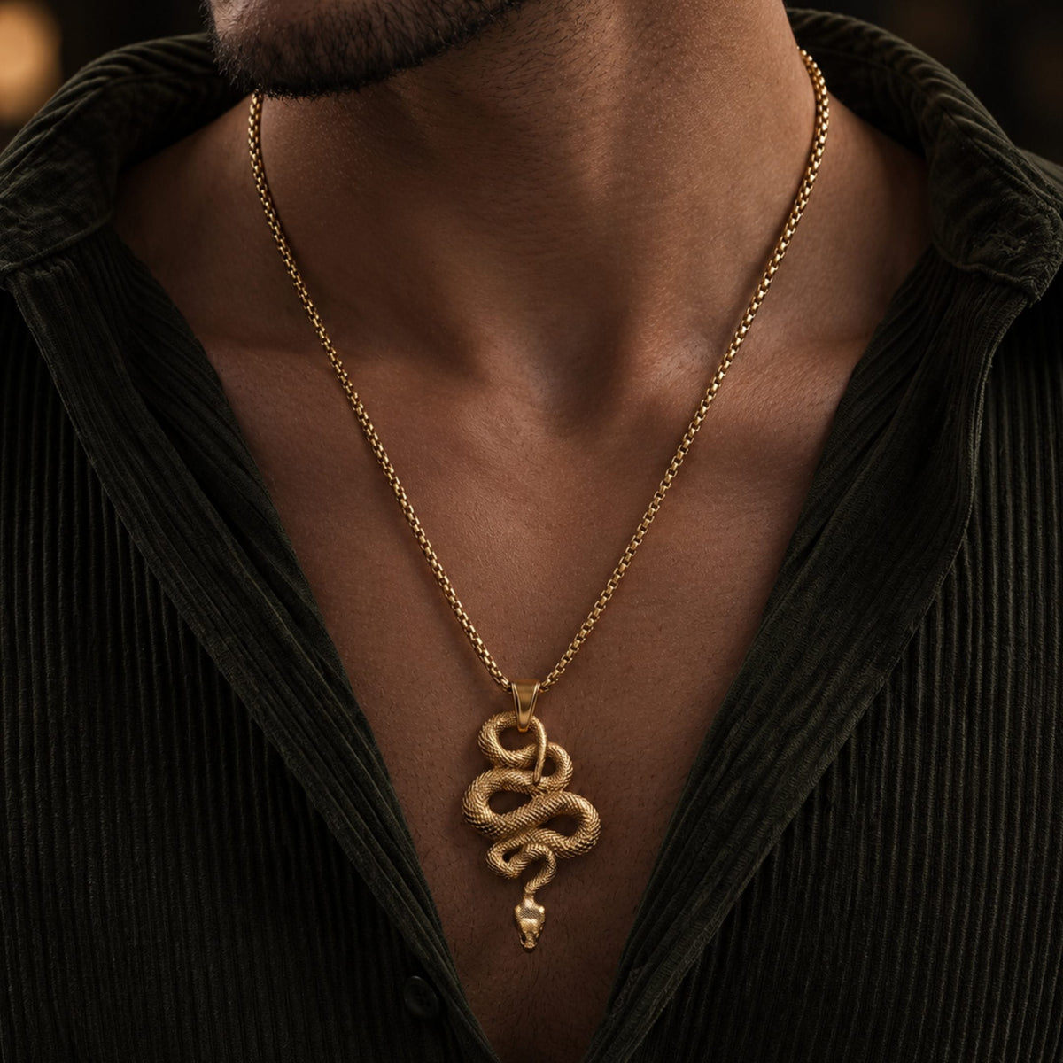 THE MEN THING SS Pendant/ Necklace GOLD GUARDIAN SNAKE - Pure Titanium Steel Pendant with 24inch Round Box Chain for Men & Boys