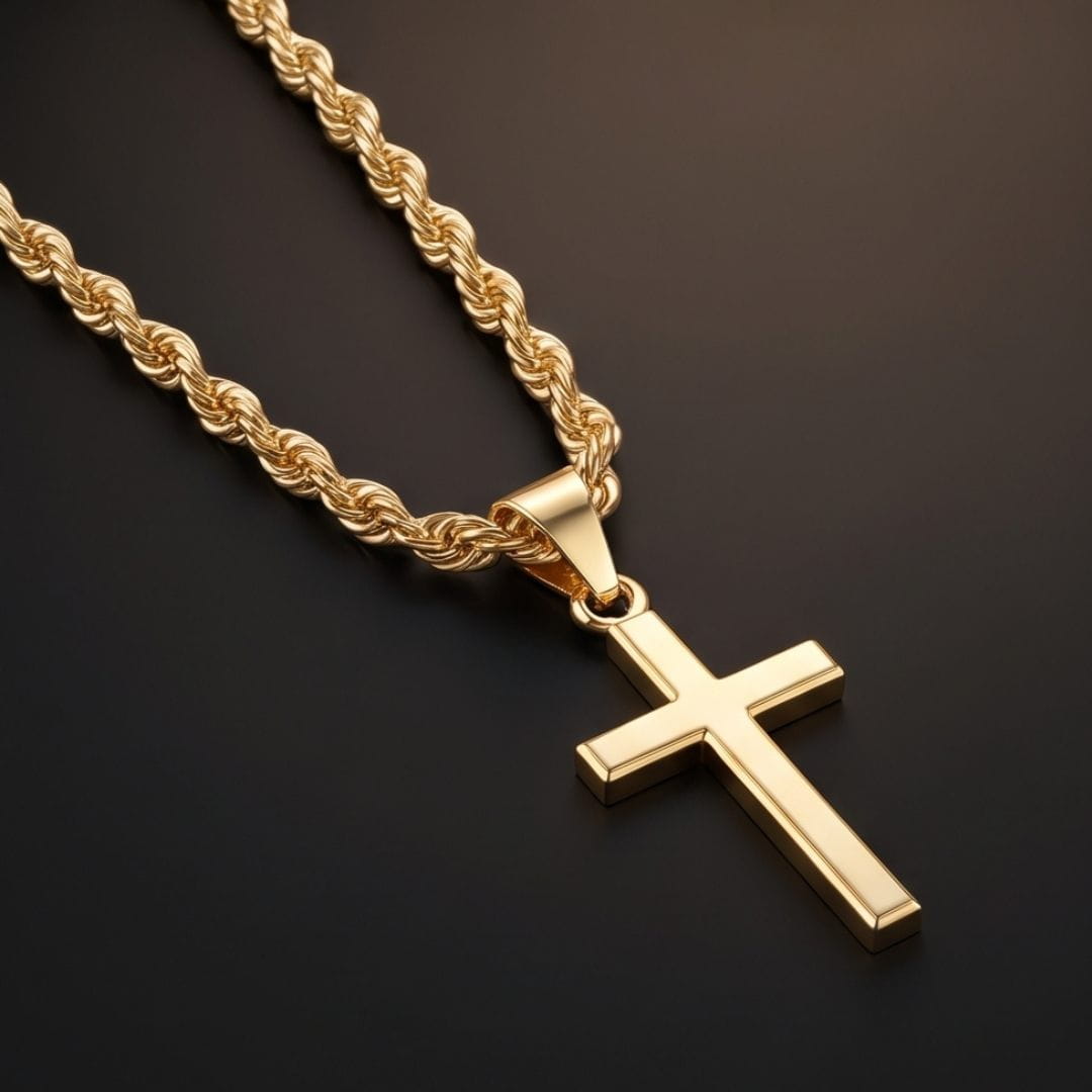 THE MEN THING SS Pendant/ Necklace GOLDEN AURUM CROSS - 13mm Titanium Steel Pendant with 21inch Twisted Rope 2mm Adjustable Chain for Men & Boys
