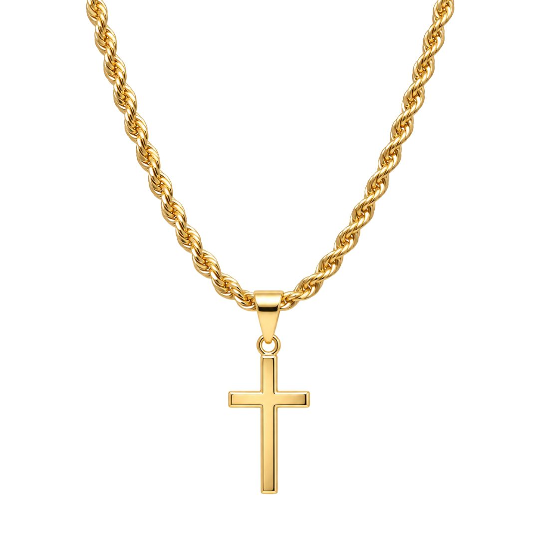 THE MEN THING SS Pendant/ Necklace GOLDEN AURUM CROSS - 13mm Titanium Steel Pendant with 21inch Twisted Rope 2mm Adjustable Chain for Men & Boys