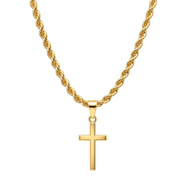 GOLDEN AURUM CROSS - 13mm Titanium Steel Pendant with 21inch Twisted Rope 2mm Adjustable Chain for Men & Boys
