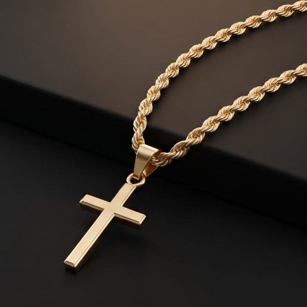 GOLDEN AURUM CROSS - 13mm Titanium Steel Pendant with 21inch Twisted Rope 2mm Adjustable Chain for Men & Boys