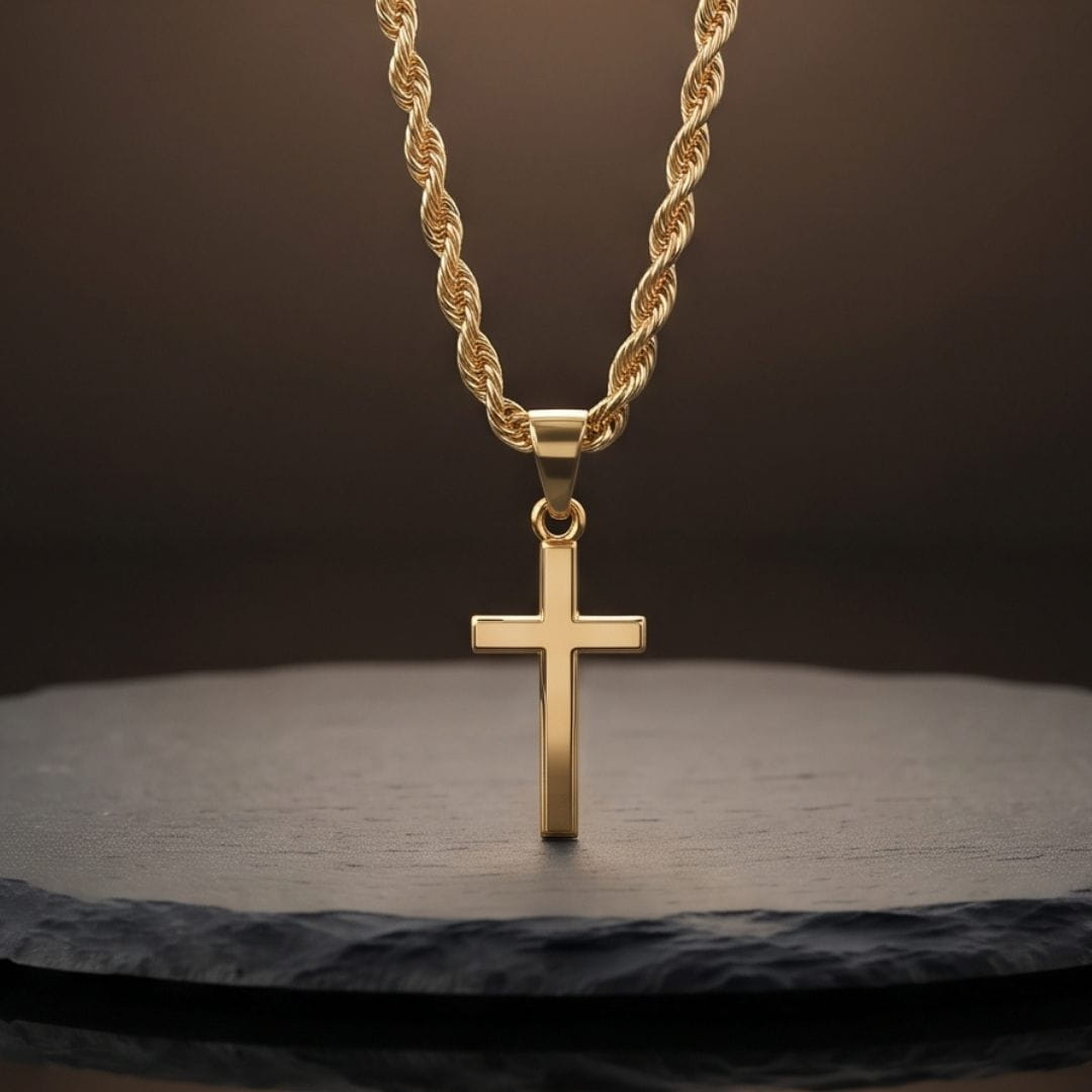 THE MEN THING SS Pendant/ Necklace GOLDEN AURUM CROSS - 13mm Titanium Steel Pendant with 21inch Twisted Rope 2mm Adjustable Chain for Men & Boys
