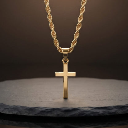 THE MEN THING SS Pendant/ Necklace GOLDEN AURUM CROSS - 13mm Titanium Steel Pendant with 21inch Twisted Rope 2mm Adjustable Chain for Men & Boys