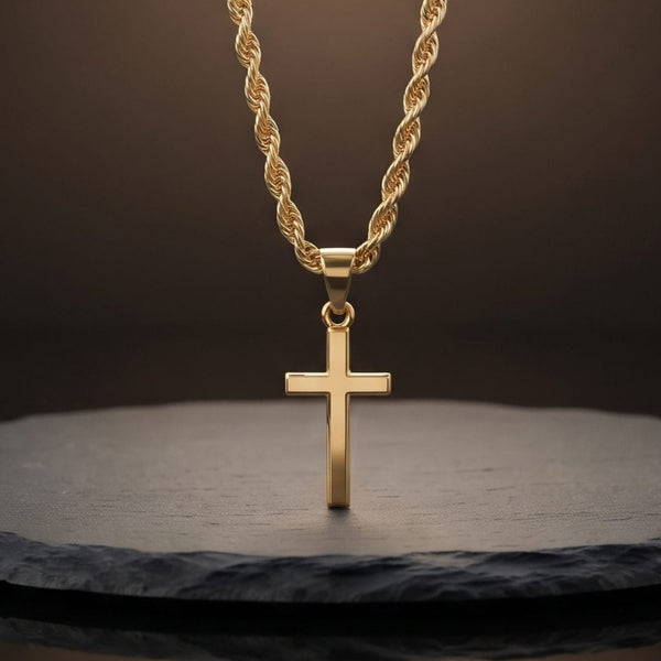 GOLDEN AURUM CROSS - 13mm Titanium Steel Pendant with 21inch Twisted Rope 2mm Adjustable Chain for Men & Boys