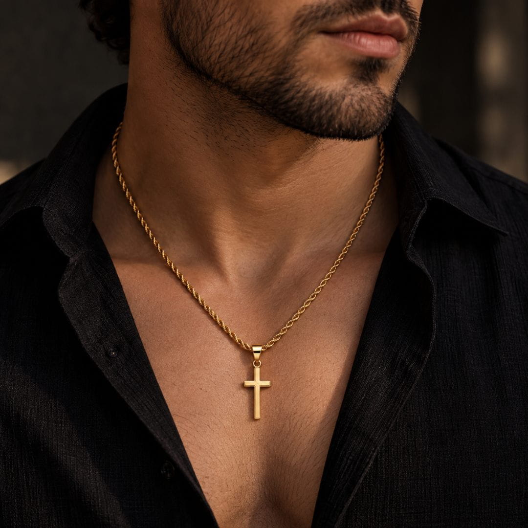 THE MEN THING SS Pendant/ Necklace GOLDEN AURUM CROSS - 13mm Titanium Steel Pendant with 21inch Twisted Rope 2mm Adjustable Chain for Men & Boys