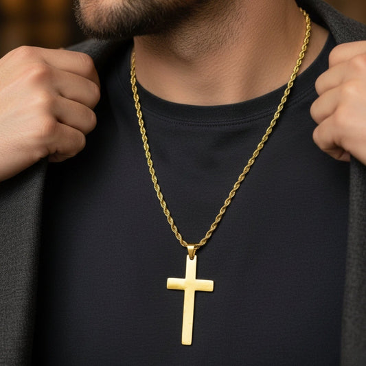 THE MEN THING SS Pendant/ Necklace GOLDEN AURUM CROSS - 26mm Titanium Steel Pendant with 23inch Twisted Rope 4mm Chain for Men & Boys