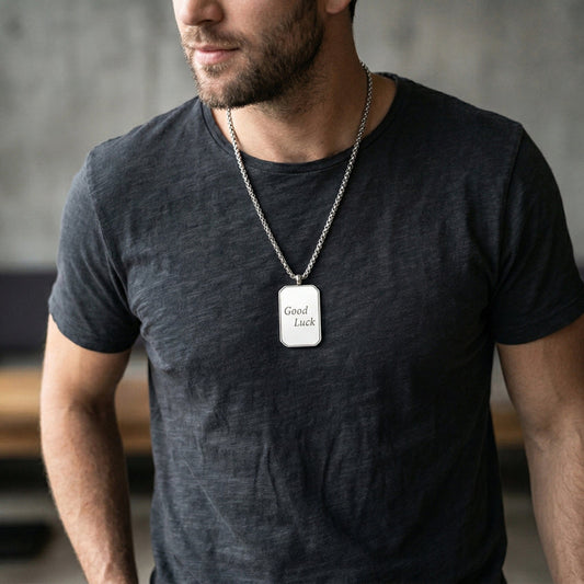 THE MEN THING SS Pendant/ Necklace GOOD LUCK DOG TAG - 21mm Pure Titanium Steel Pendant with 23inch Round Box 4mm Chain for Men & Boys