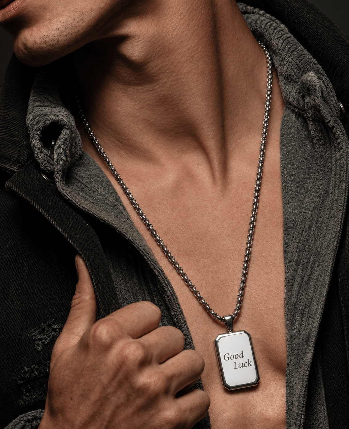 THE MEN THING SS Pendant/ Necklace GOOD LUCK DOG TAG - 21mm Pure Titanium Steel Pendant with 23inch Round Box 4mm Chain for Men & Boys