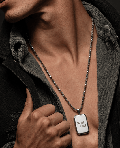 THE MEN THING SS Pendant/ Necklace GOOD LUCK DOG TAG - 21mm Pure Titanium Steel Pendant with 23inch Round Box 4mm Chain for Men & Boys
