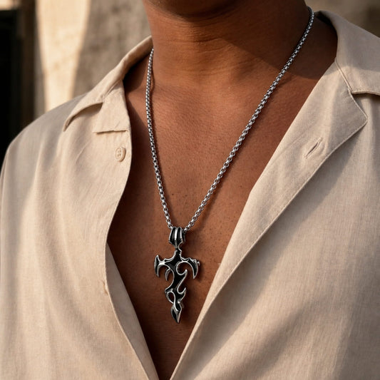 THE MEN THING SS Pendant/ Necklace GOTHIC ENAMEL (Black) -  Alloy Pendant with Pure Stainless Steel 24inch Round Box Chain, European trending Style for Men & Boys