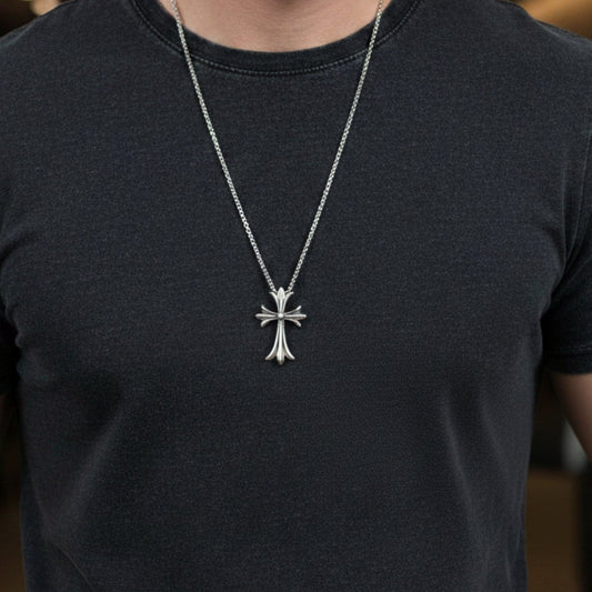 THE MEN THING SS Pendant/ Necklace GOTHIC FLEUR CROSS - 28mm Pure Titanium Steel  Pendant with 24inch Round Box 4mm Chain for Men & Boys