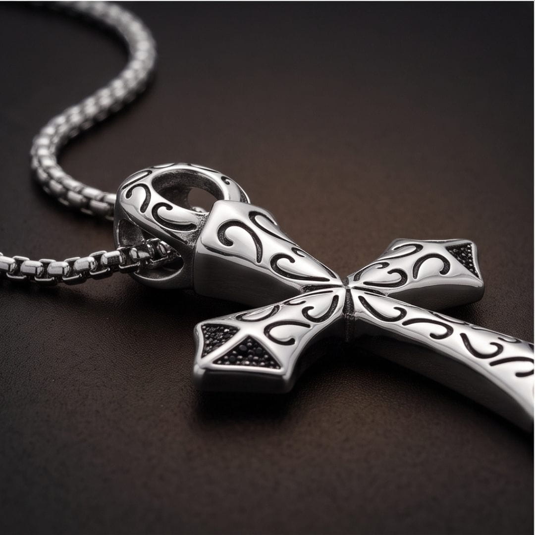 THE MEN THING SS Pendant/ Necklace GOTHIC RELIC CROSS - STEEL - 43mm Pure Titanium Steel Pendant with 23inch Round Box 2mm Chain for Men & Boys