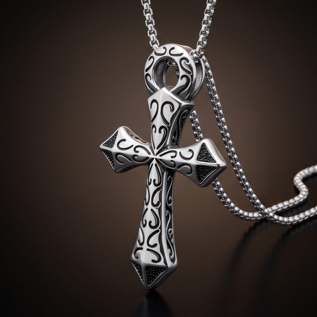 THE MEN THING SS Pendant/ Necklace GOTHIC RELIC CROSS - STEEL - 43mm Pure Titanium Steel Pendant with 23inch Round Box 2mm Chain for Men & Boys